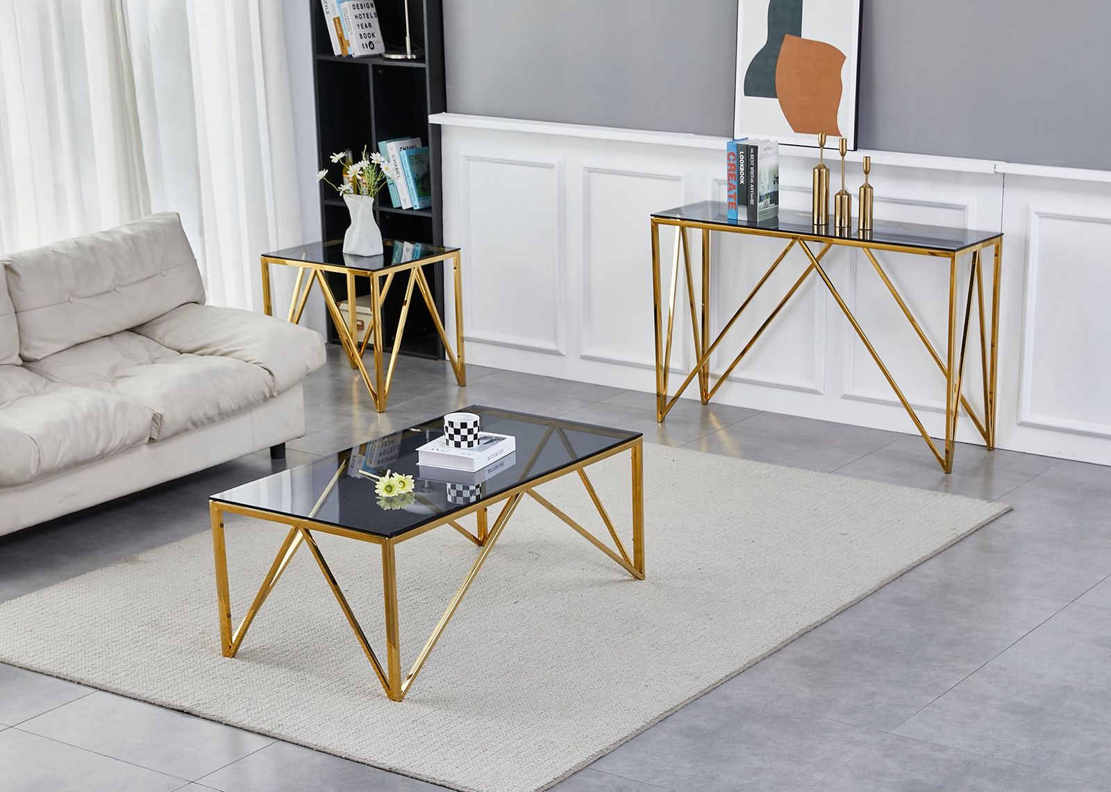 Allure Lamp Table - Blue | Grey Smoked Glass & Classic Gold Metal Frame Gallery Image