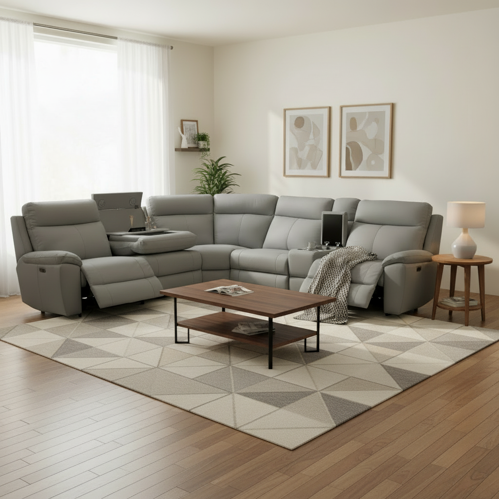 Gray sectional sofa in a living room with wooden floor and decor