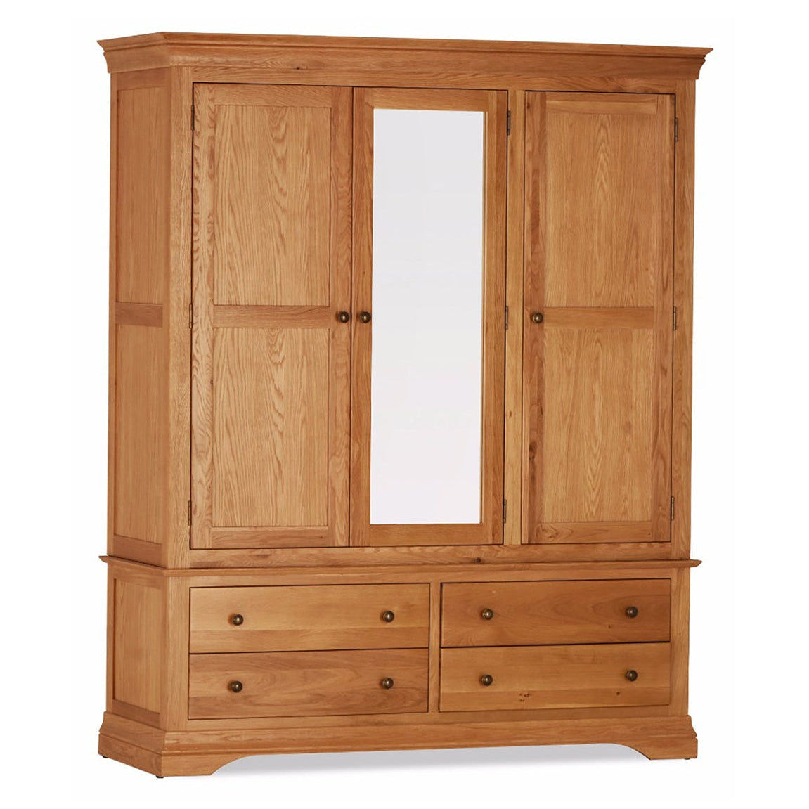 Wooden wardrobe with two doors and four drawers on a white background