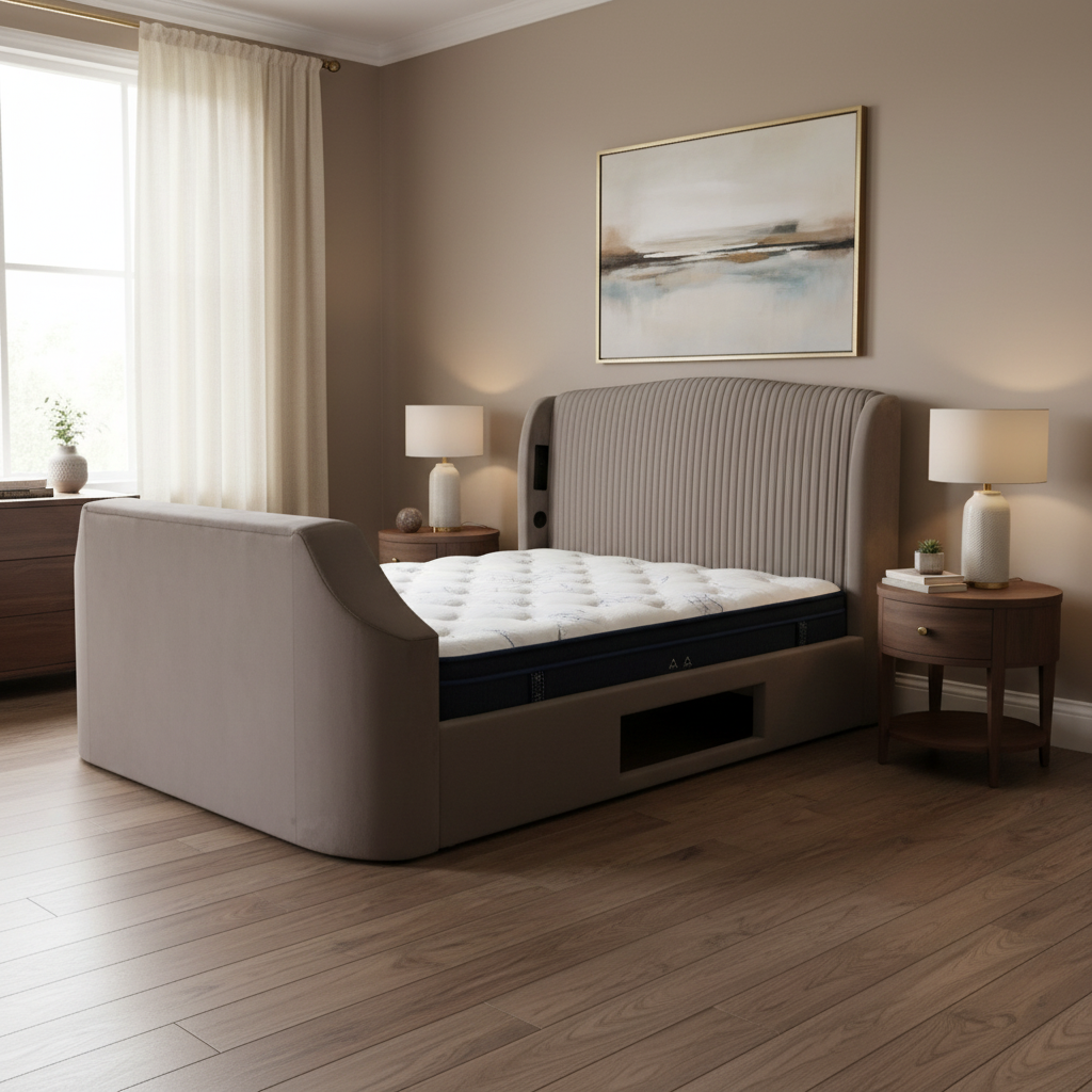 Velvet Upholstered 5ft TV Bed Frame and California Mattress